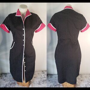 Sourpuss Retro Peggy Sue Rockabilly Dress Pink Black Polka Dot Sailor Sleeve